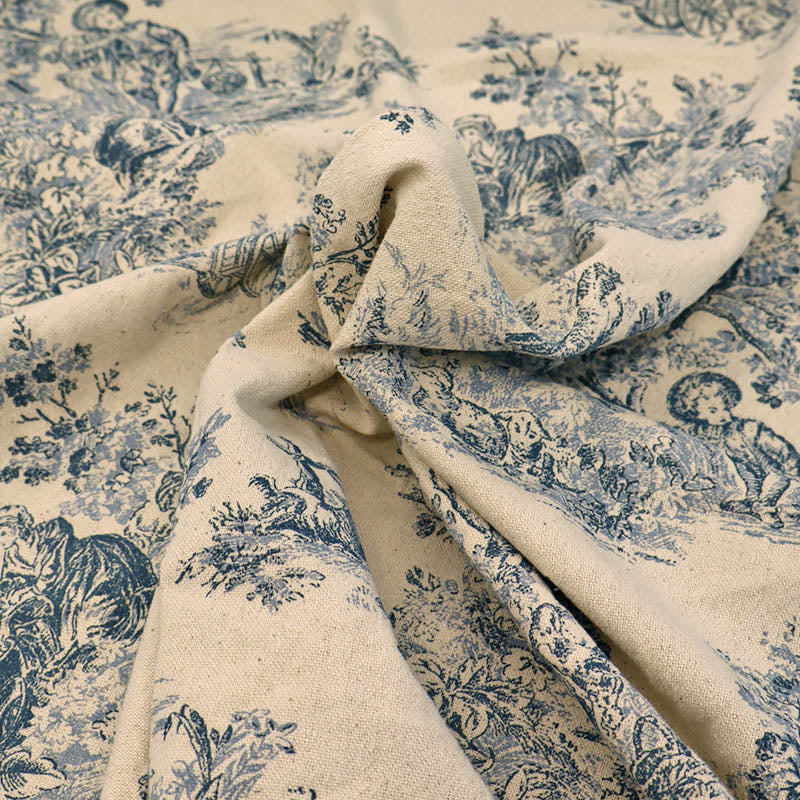 100% Cotton Toile de Jouy Furnishing Fabric - Blue and Natural