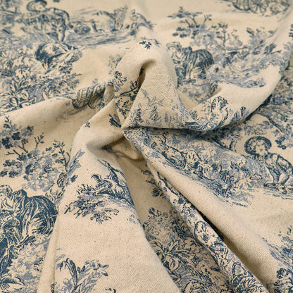100% Cotton Toile de Jouy Furnishing Fabric - Blue and Natural