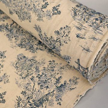 100% Cotton Toile de Jouy Furnishing Fabric - Blue and Natural