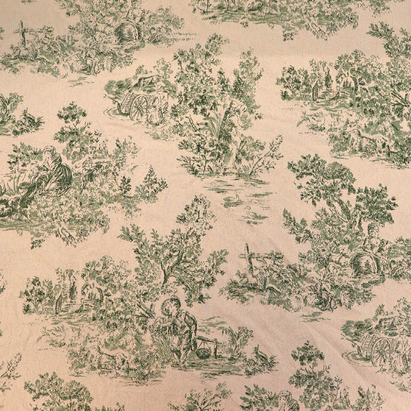 100% Cotton Toile de Jouy Furnishing Fabric - Green and Natural