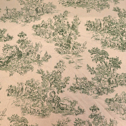 100% Cotton Toile de Jouy Furnishing Fabric - Green and Natural
