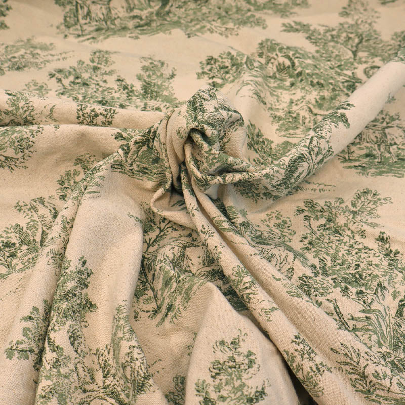 100% Cotton Toile de Jouy Furnishing Fabric - Green and Natural