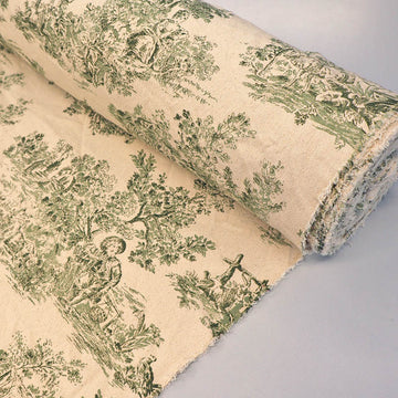 100% Cotton Toile de Jouy Furnishing Fabric - Green and Natural