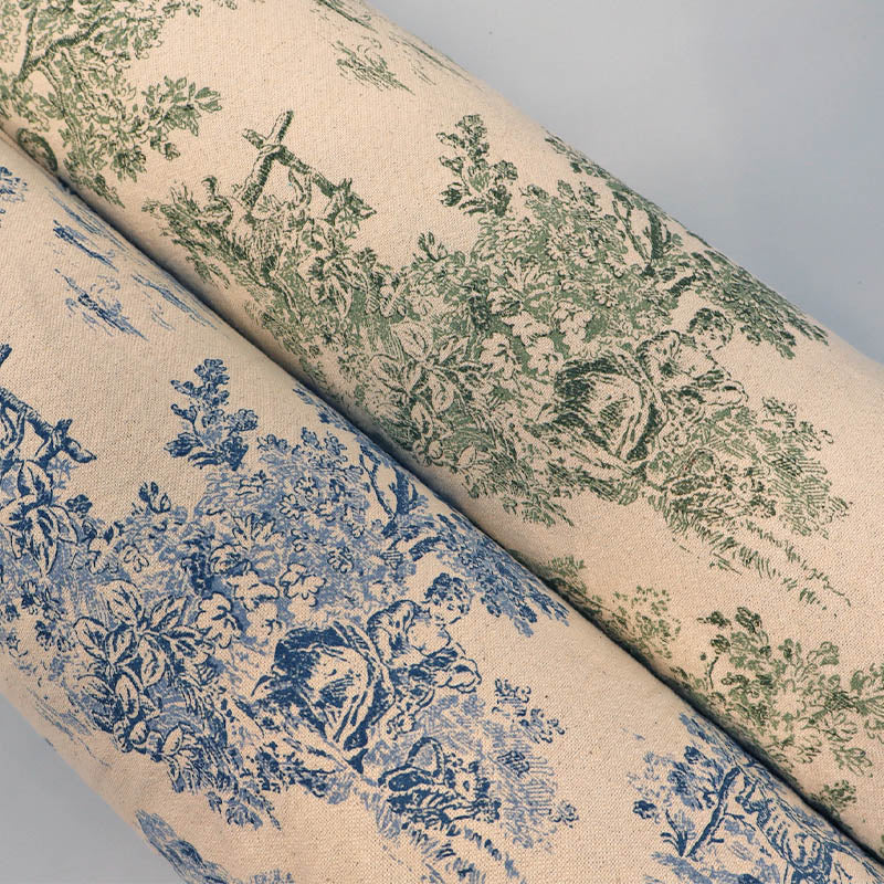 100% Cotton Toile de Jouy Furnishing Fabrics - Blue and Natural and Green and Natural