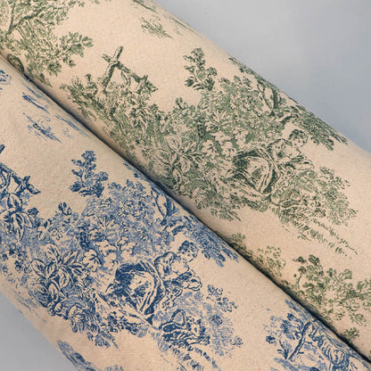 100% Cotton Toile de Jouy Furnishing Fabrics - Blue and Natural and Green and Natural