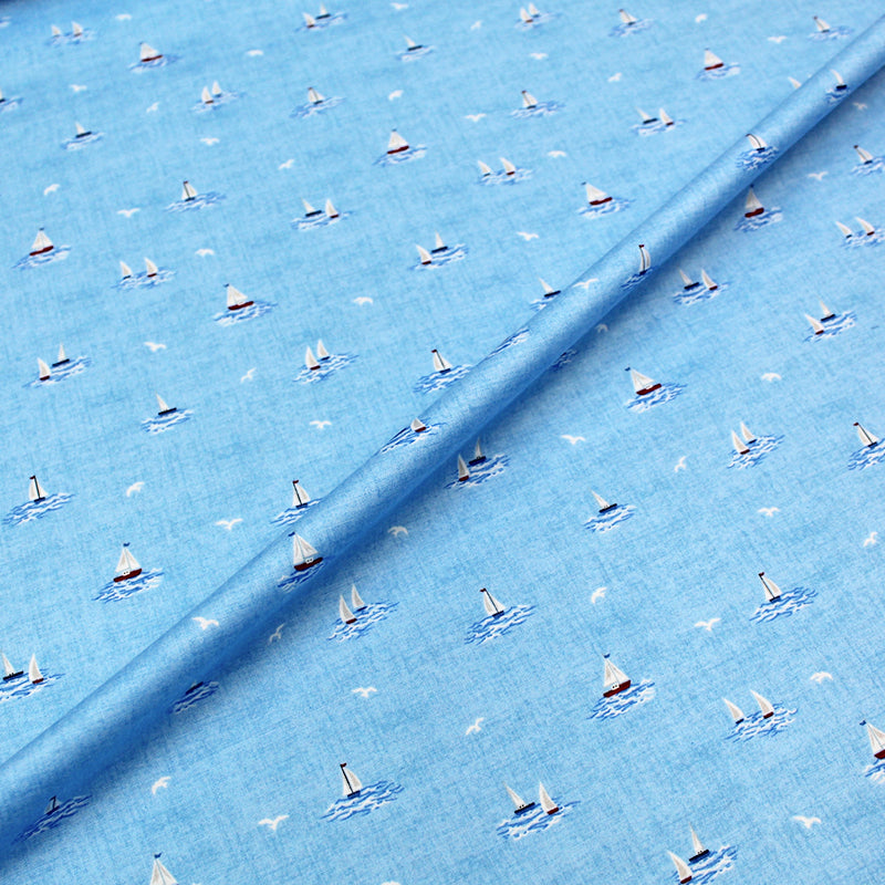 Blue Boat Print 100% cotton Nautical Fabric