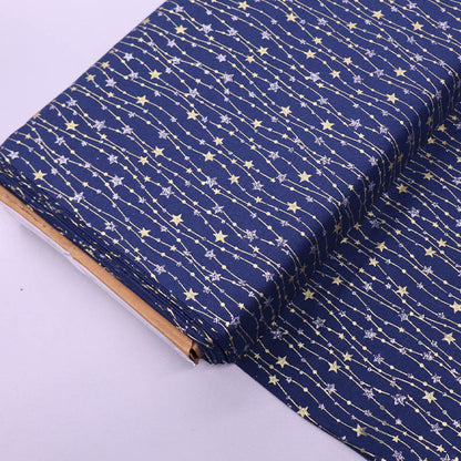 100% Cotton Star Print Cotton Fabric - Navy, Silver and Gold