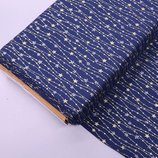 100% Cotton Star Print Cotton Fabric - Navy, Silver and Gold