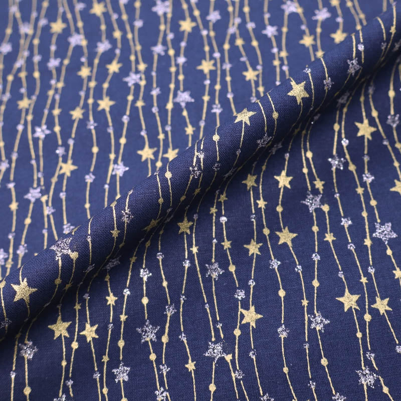 100% Cotton Star Print Cotton Fabric - Navy, Silver and Gold