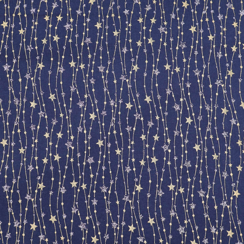 100% Cotton Star Print Cotton Fabric - Navy, Silver and Gold