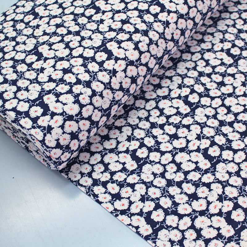 Navy Blue and White Floral Brushed 100% Cotton Fabric