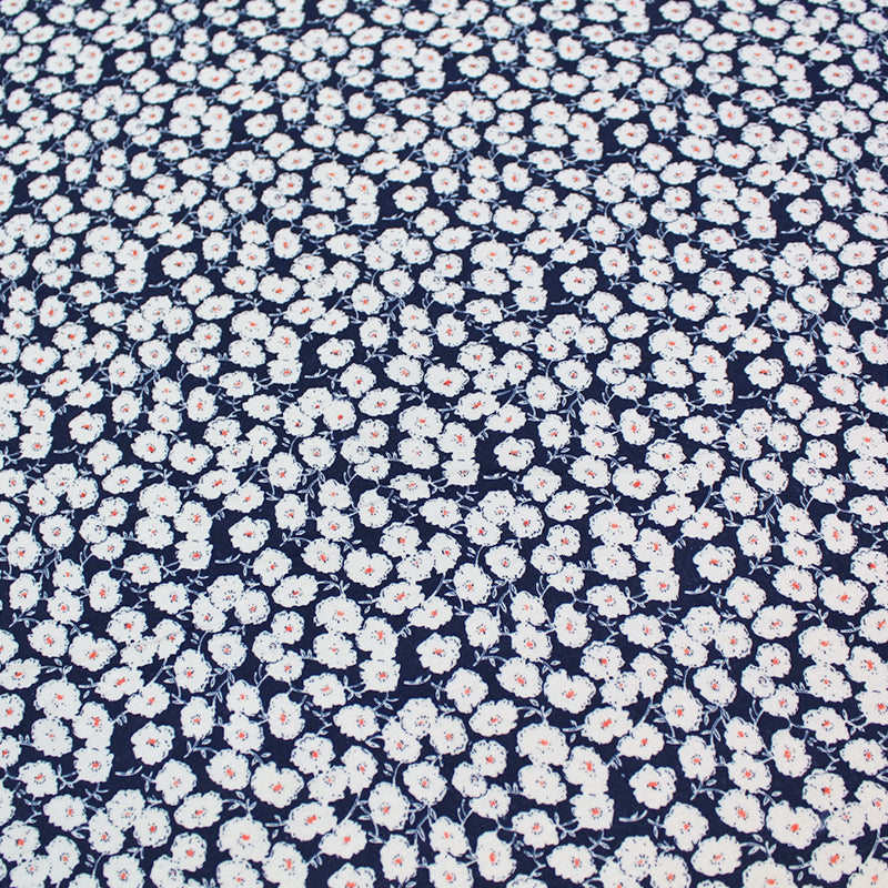 Navy Blue and White Floral Brushed Cotton Fabric