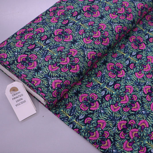 100% Viscose Navy Blue Viscose Fabric - Pink and Purple Thistle