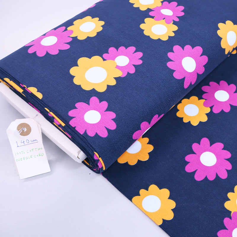 100% Cotton Navy Floral Needlecord Fabric Daisy Print