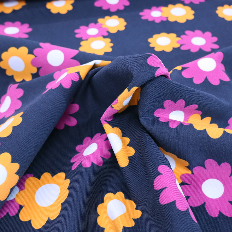 100% Cotton Navy Floral Needlecord Fabric Daisy Print
