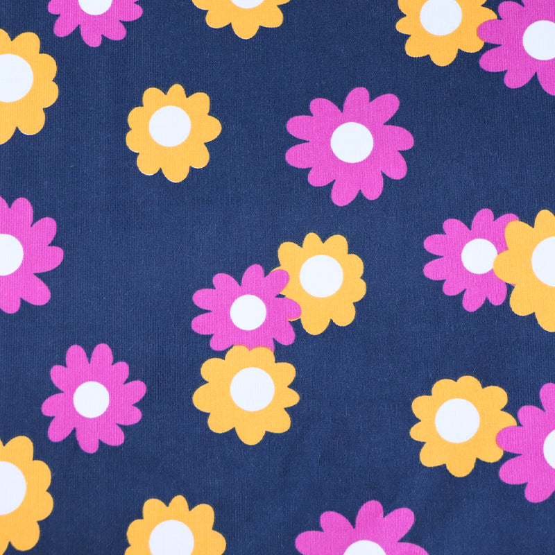 100% Cotton Navy Floral Needlecord Fabric Daisy Print