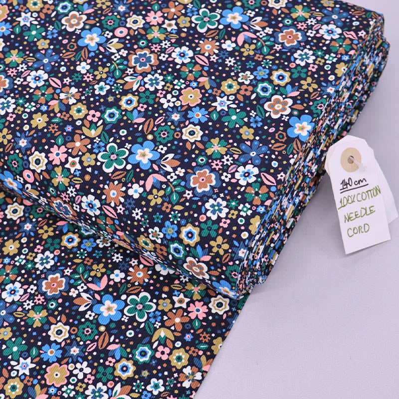 100% Cotton Blue Pink and Yellow Floral Needlecord Fabric
