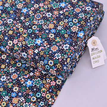 100% Cotton Blue Pink and Yellow Floral Needlecord Fabric
