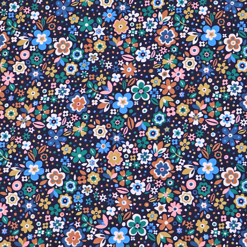 100% Cotton Blue Pink and Yellow Floral Needlecord Fabric