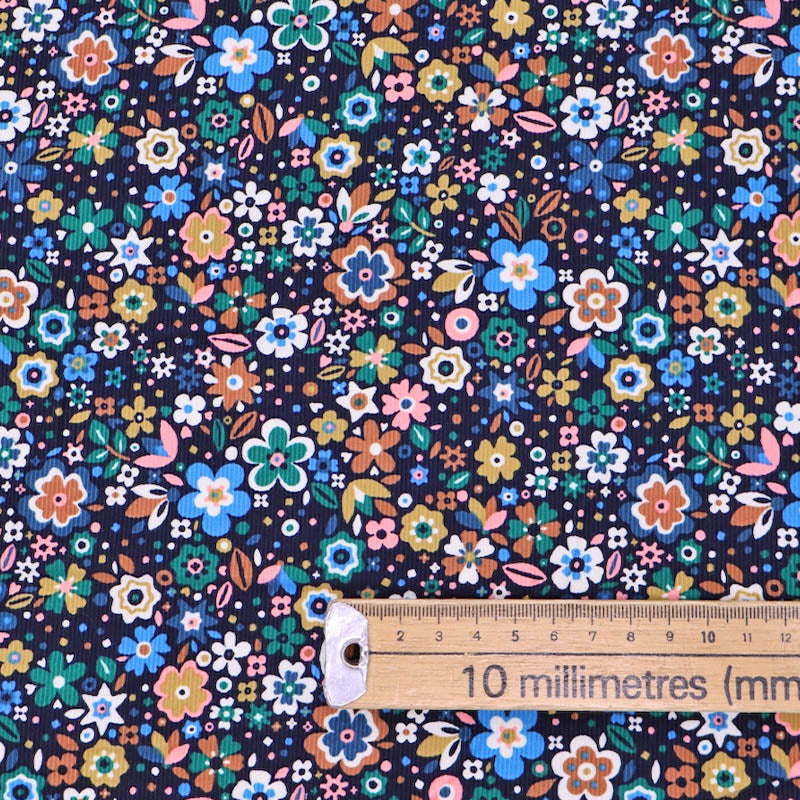 100% Cotton Blue Pink and Yellow Floral Needlecord Fabric