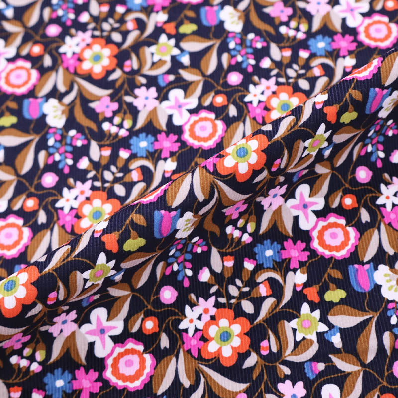 100% Cotton Navy and Pink Floral Needlecord Fabric
