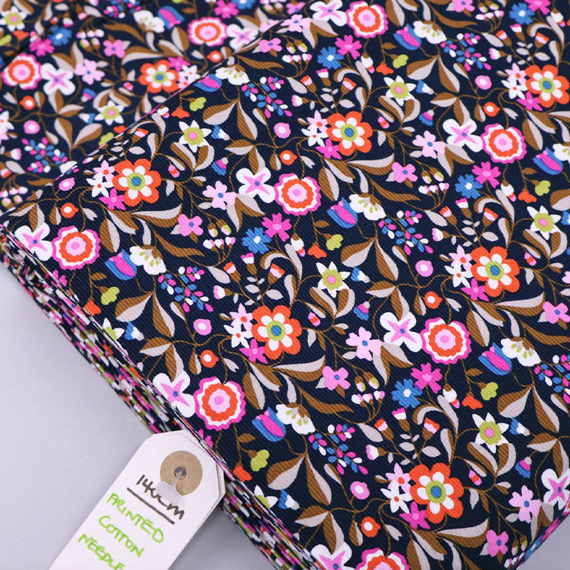 100% Cotton Navy and Pink Floral Needlecord Fabric