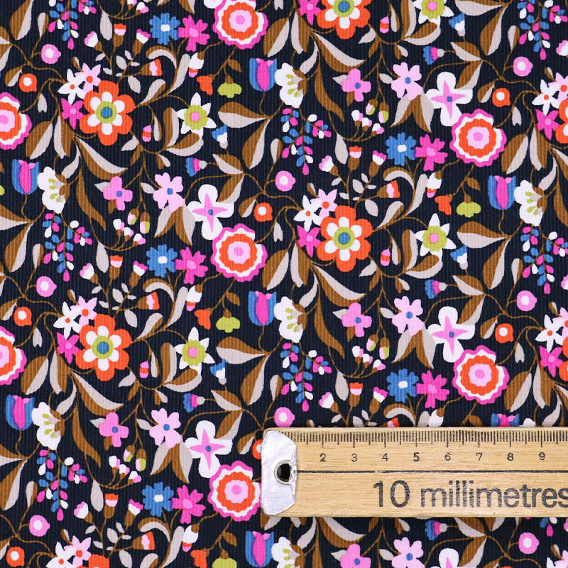 100% Cotton Navy and Pink Floral Needlecord Fabric