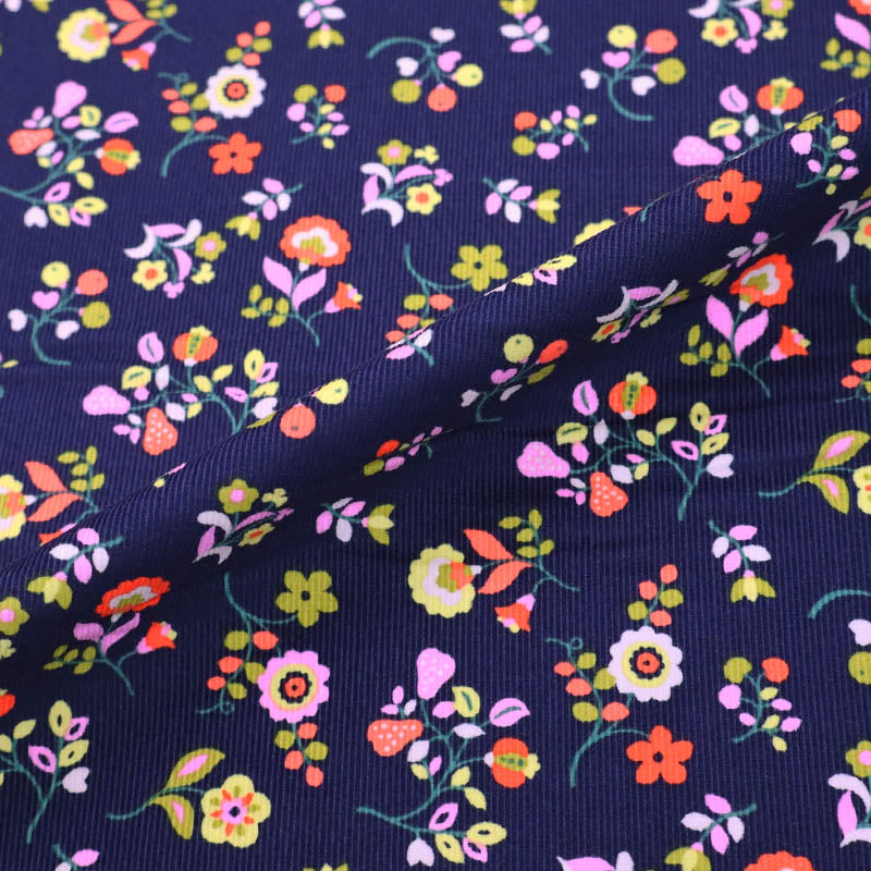 100% Cotton Navy Blue with yellow and orange Floral Needlecord Fabric