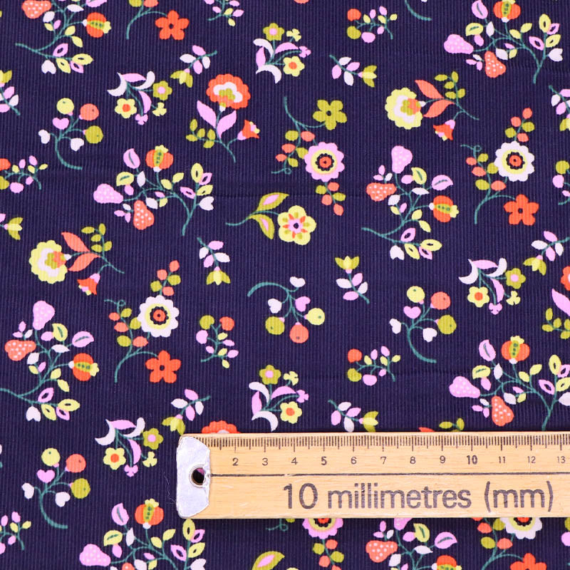 100% Cotton Navy Blue with yellow and orange Floral Needlecord Fabric
