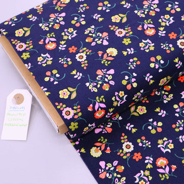 100% Cotton Navy Blue with yellow and orange Floral Needlecord Fabric