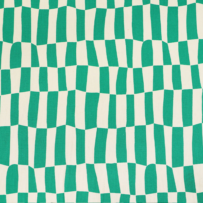 100% Organic Cotton Poplin Fabric - Green and Cream Geometric Checkered Print