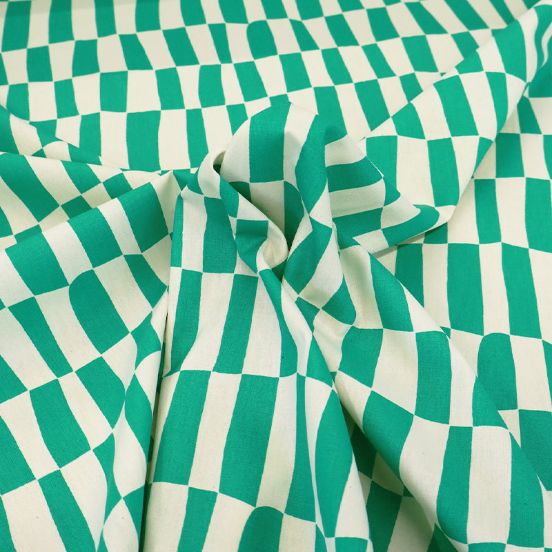 100% Organic Cotton Poplin Fabric - Green and Cream Geometric Checkered Print