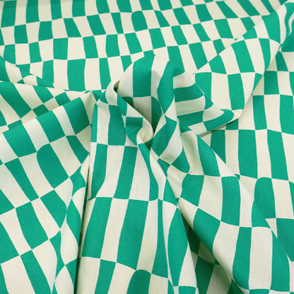 100% Organic Cotton Poplin Fabric - Green and Cream Geometric Checkered Print