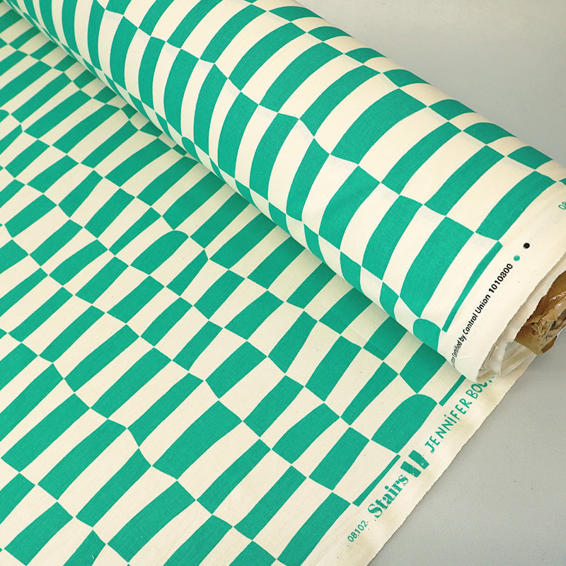 100% Organic Cotton Poplin Fabric - Green and Cream Geometric Checkered Print