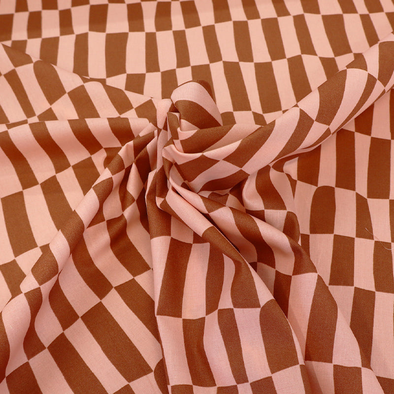 100% Organic Cotton Poplin Fabric - Pink and Brown Geometric Check print