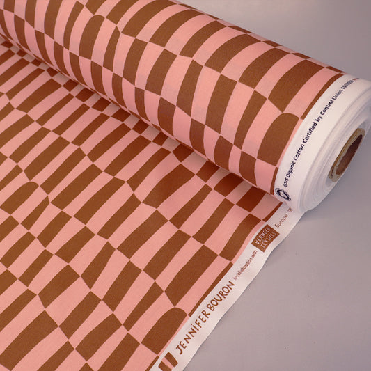 100% Organic Cotton Poplin Fabric - Pink and Brown Geometric Check print