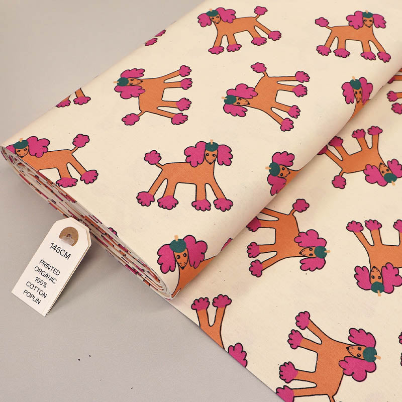 100% Organic Cotton Poplin Fabric - Cream Cartoon Poodle Print