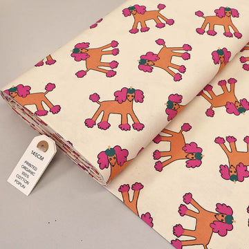100% Organic Cotton Poplin Fabric - Cream Cartoon Poodle Print