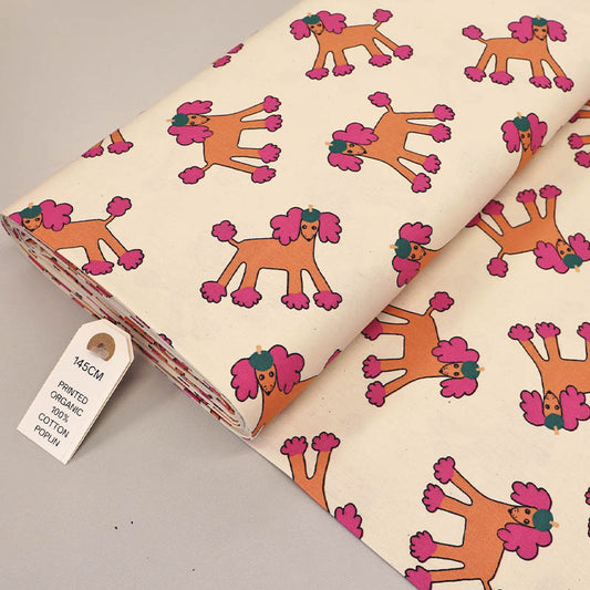 Organic Cotton Poplin - Cream and Pink - Poodles in the Park