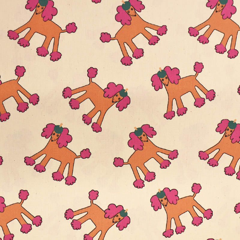 100% Organic Cotton Poplin Fabric - Cream Cartoon Poodle Print