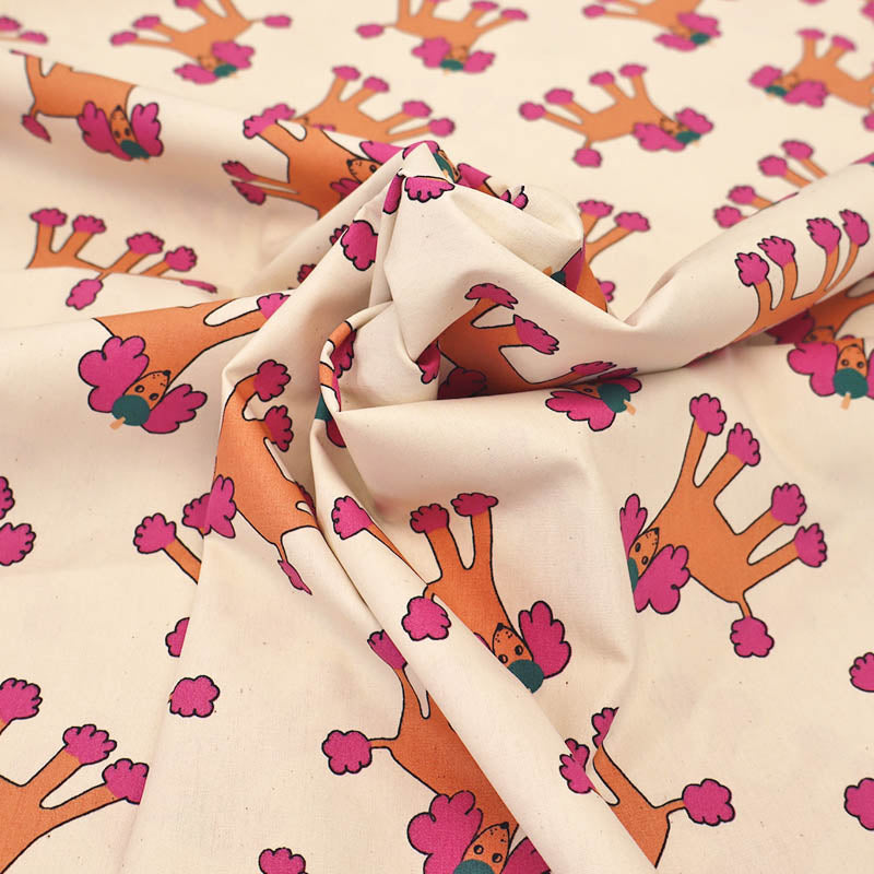 100% Organic Cotton Poplin Fabric - Cream Cartoon Poodle Print
