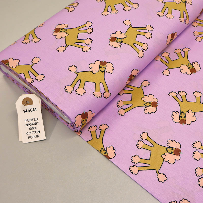 100% Organic Cotton Poplin Fabric - Lilac Cartoon Poodle Print
