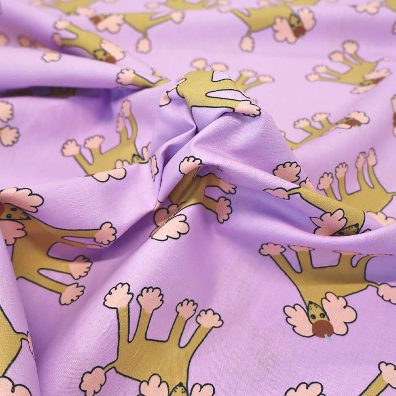 100% Organic Cotton Poplin Fabric - Lilac Cartoon Poodle Print