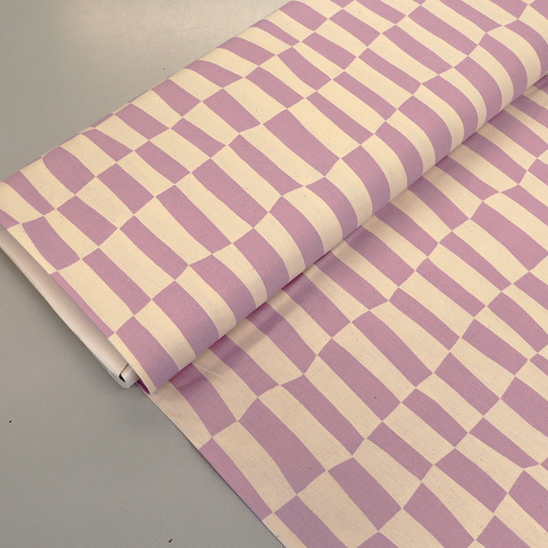 100% cotton Organic Poplin Fabric - Lilac and Cream Geometric checkered print