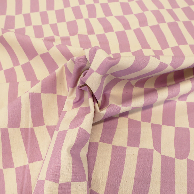 100% cotton Organic Poplin Fabric - Lilac and Cream Geometric checkered print