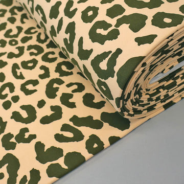 82% Organic Cotton 18% Recycled Polyester Cream Sweatshirt fabric  with an olive green Leopard Print
