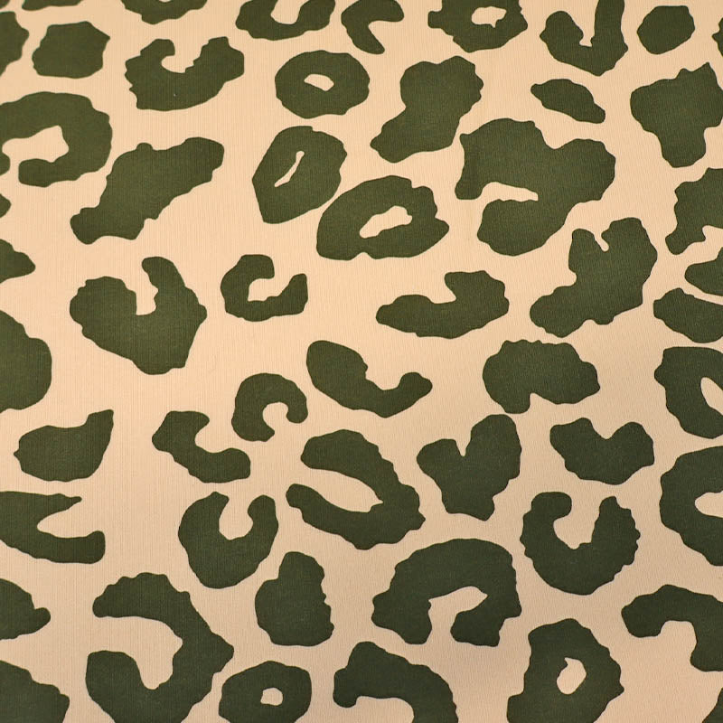 82% Organic Cotton 18% Recycled Polyester Cream Sweatshirt fabric  with an olive green Leopard Print