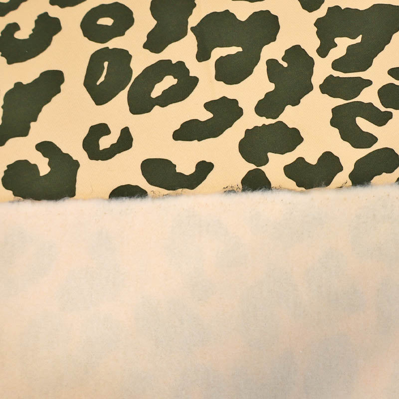 82% Organic Cotton 18% Recycled Polyester Cream Sweatshirt fabric  with an olive green Leopard Print