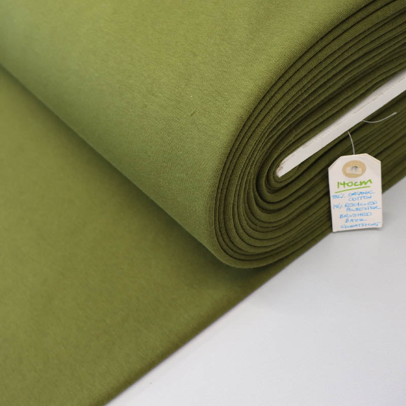 82% Organic Cotton 18% Recycled Polyester Olive Green Heavyweight Sweatshirt fabric
