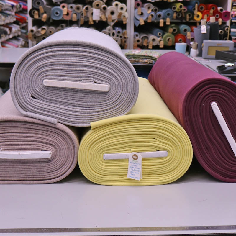 Organic heavyweight sweatshirt fabric in grey, yellow, burgundy and taupe 